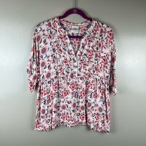 KNOX ROSE Cream Coral Red Floral Short Sleeve Top